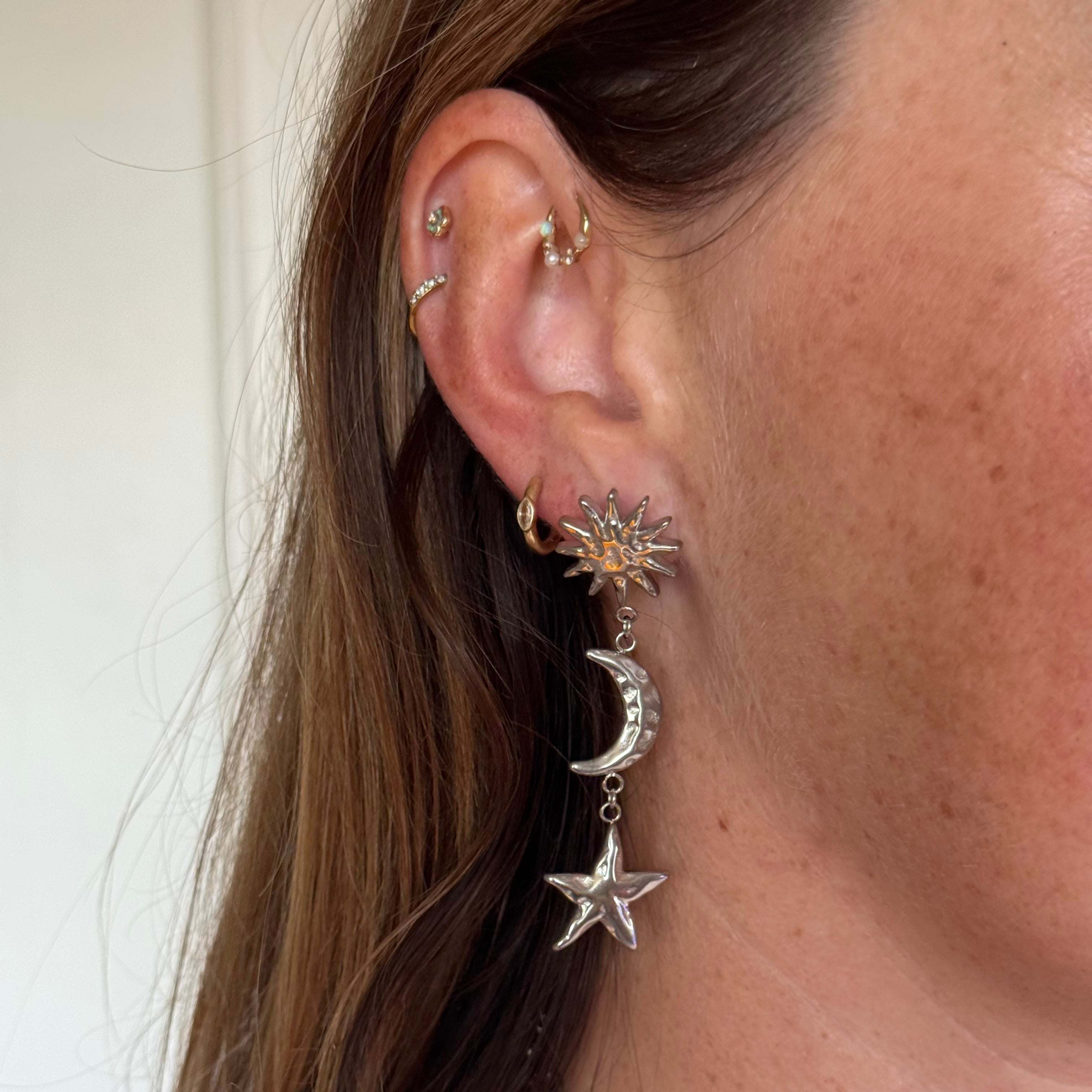 Sun Moon Star Earrings Silver