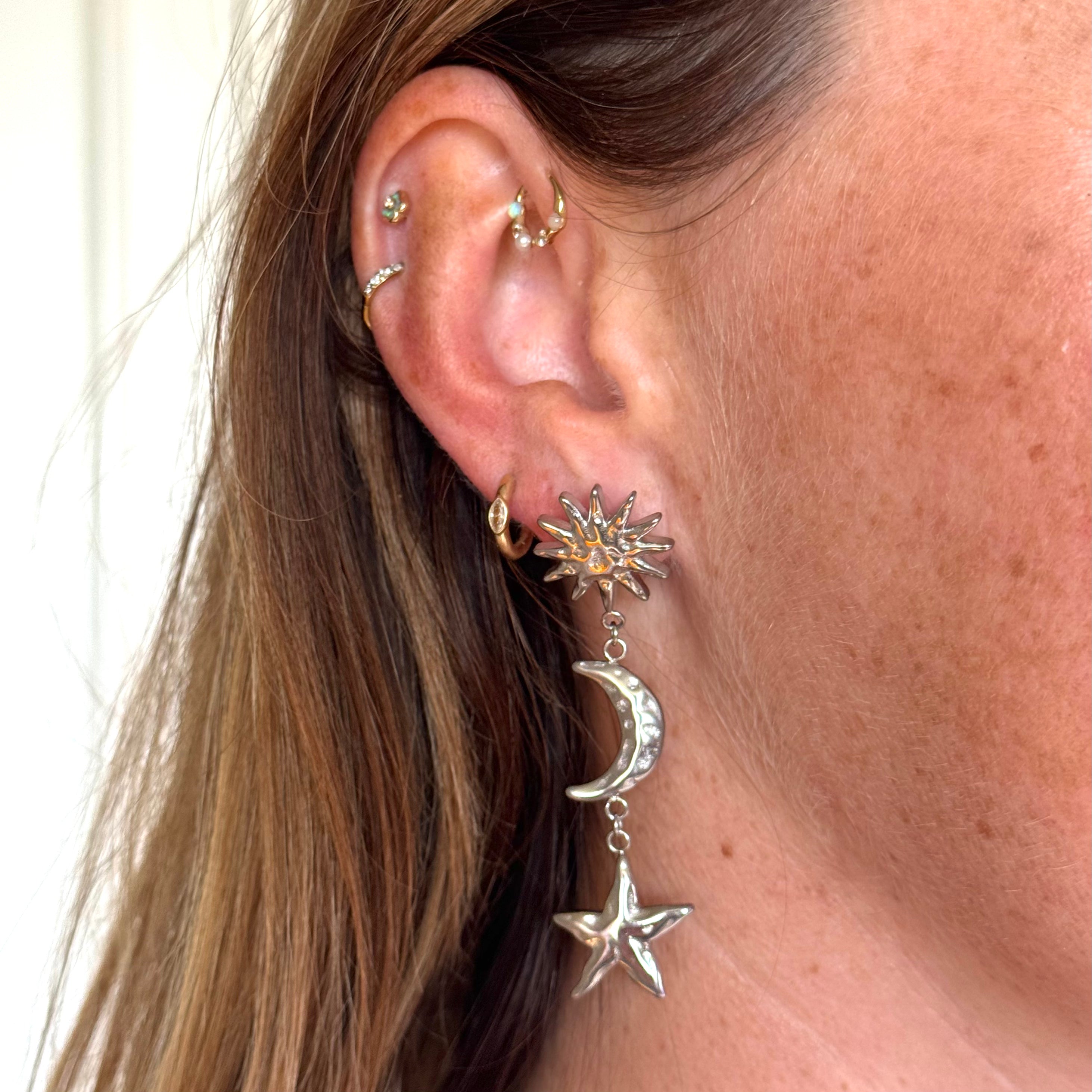 Sun Moon Star Earrings Silver