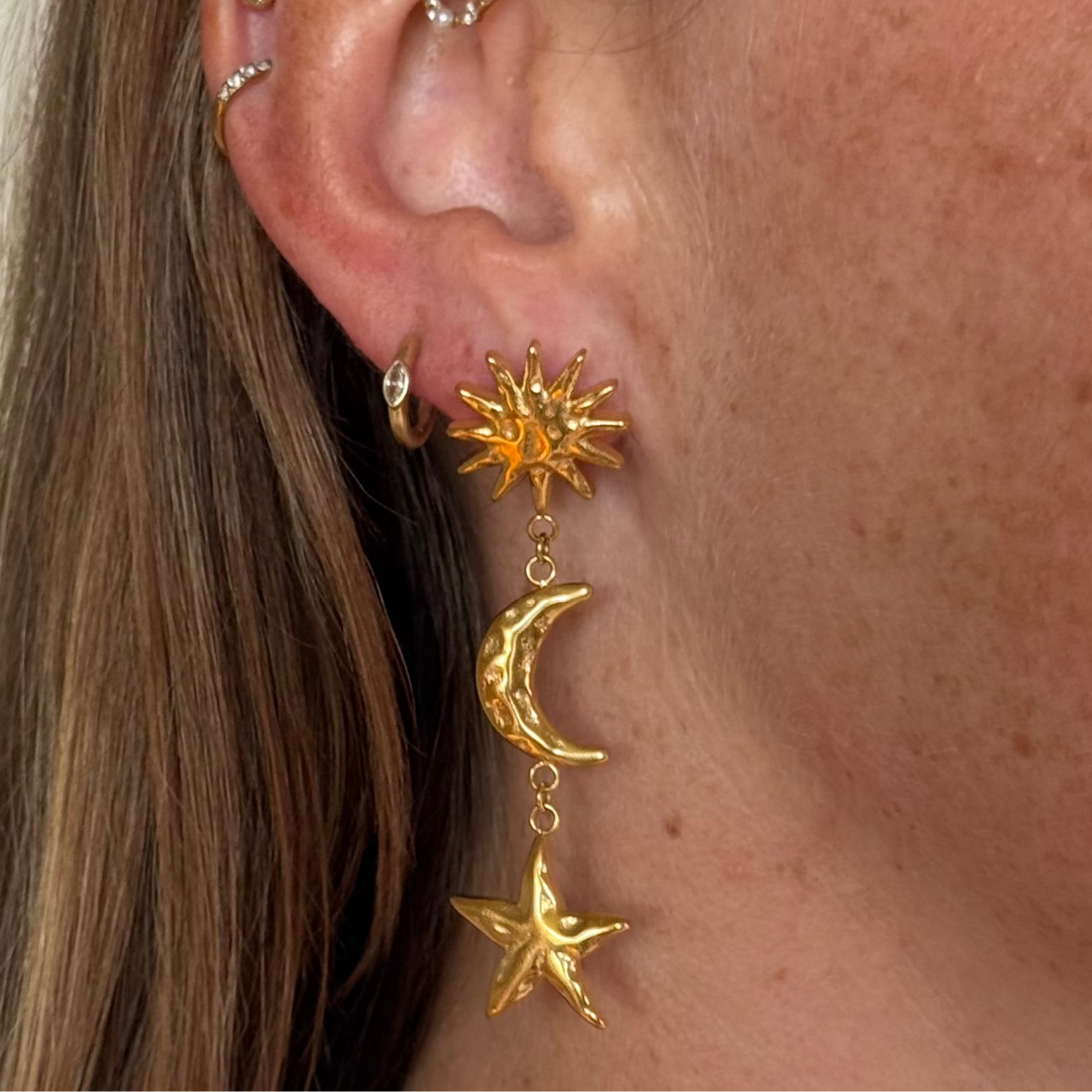 Sun Moon Star Earrings Gold