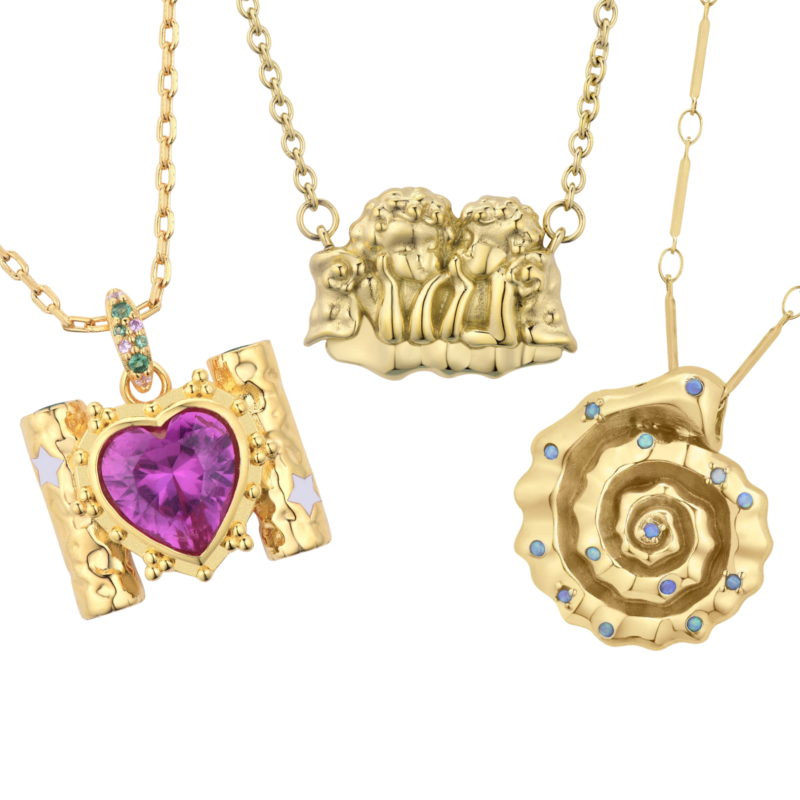 Three gold necklaces with unique pendants.