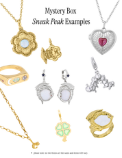 A product collage titled 'Mystery Box Sneak Peak Examples' showing several jewelry pieces on a white background: gold and silver necklaces, earrings, rings, and a small charm. Text notes that no two boxes are the same and items will vary.