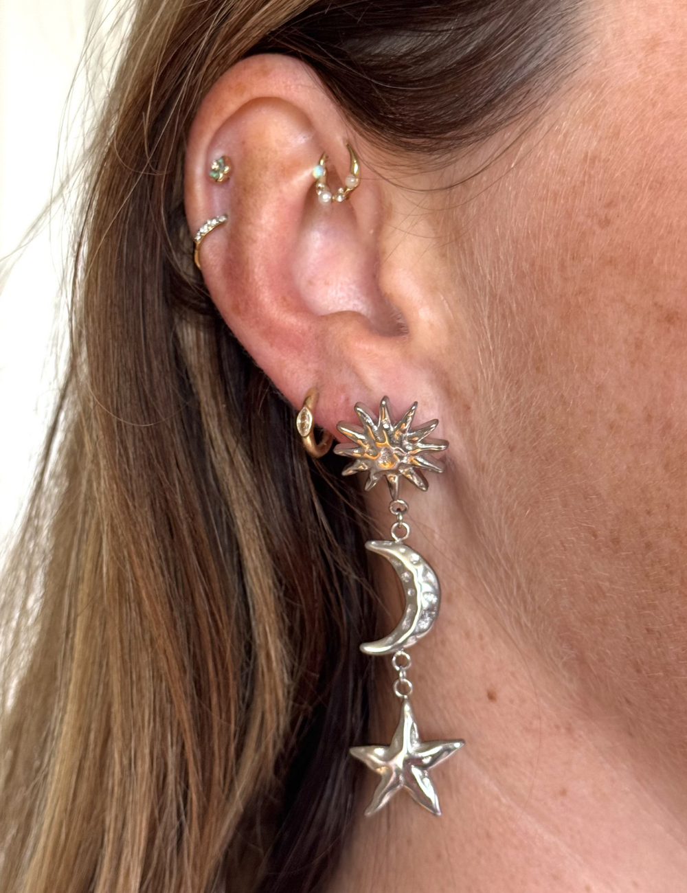 Sun Moon Star Earrings Silver