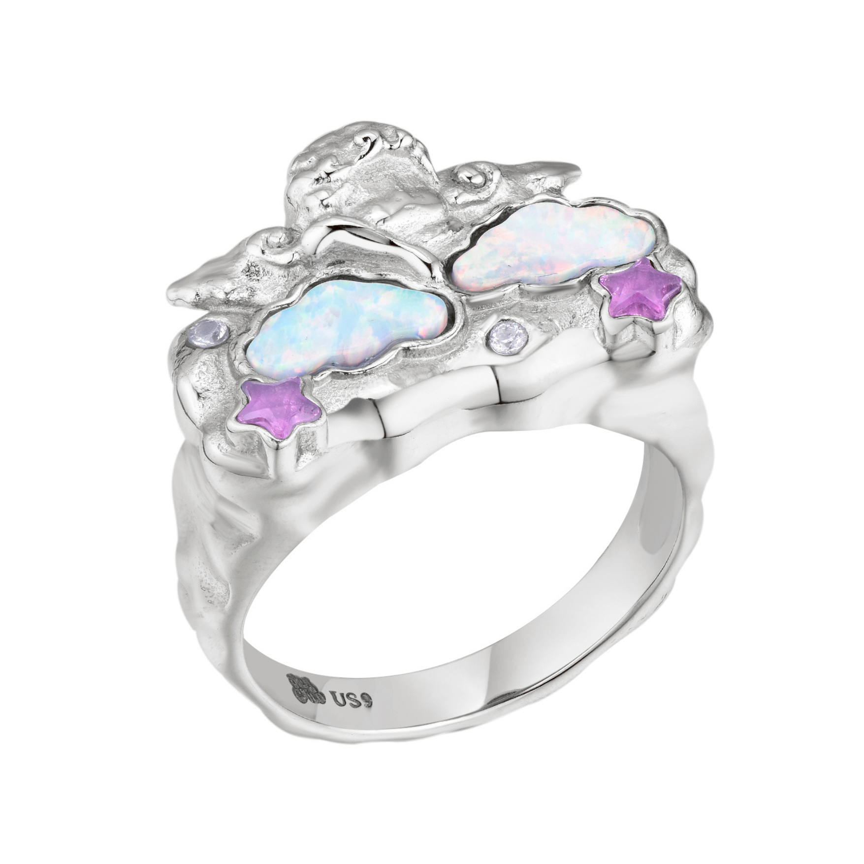 Silver ring with opal and purple gemstones on a white background