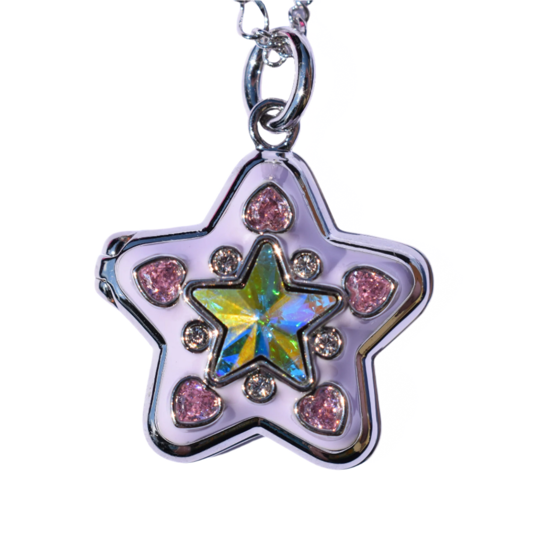 Star-shaped necklace pendant with colourful center and pink heart jewels.
