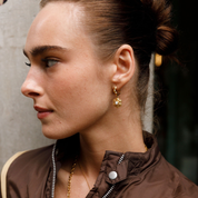 model wearing gold flower earring 