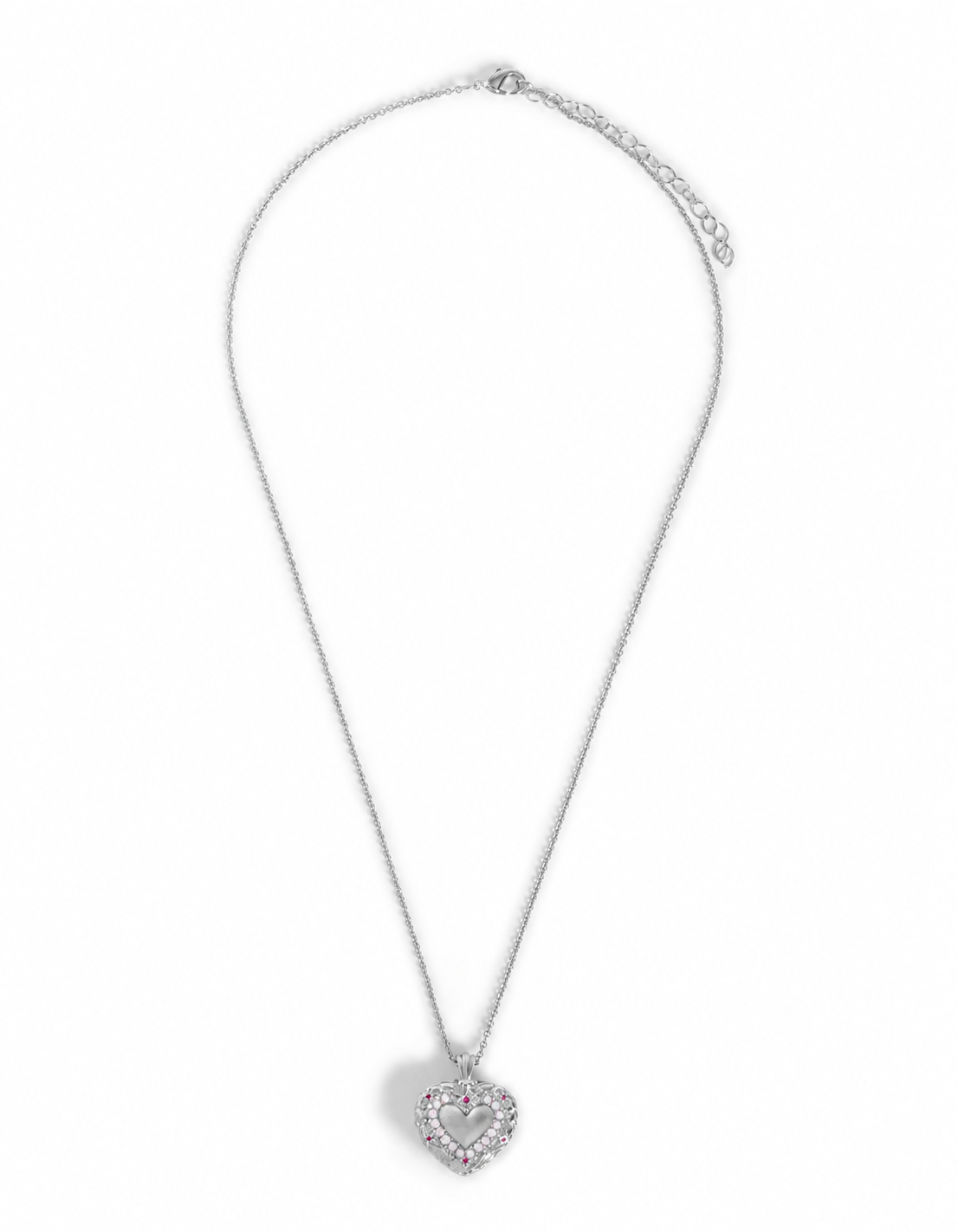 A silver-toned heart pendant necklace with a double-heart design, set against a plain white background.