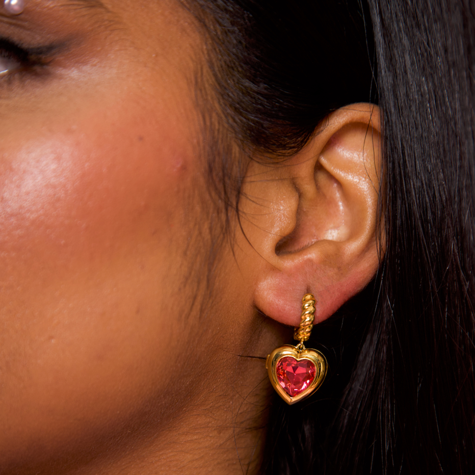 Red Mi Amor Locket Earrings Gold
